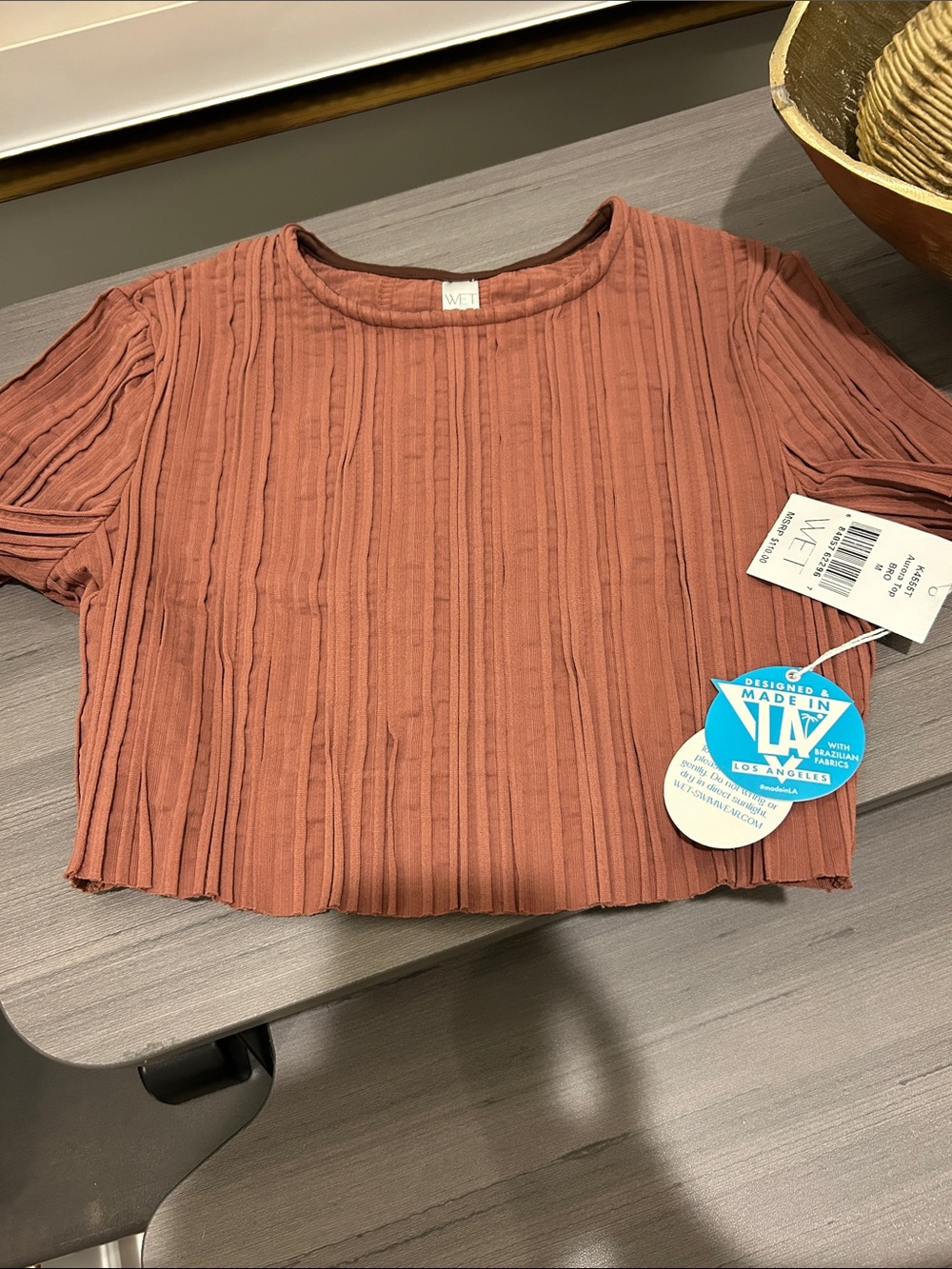 WET® Textured Rust Swim Crop Top with Short Sleeves